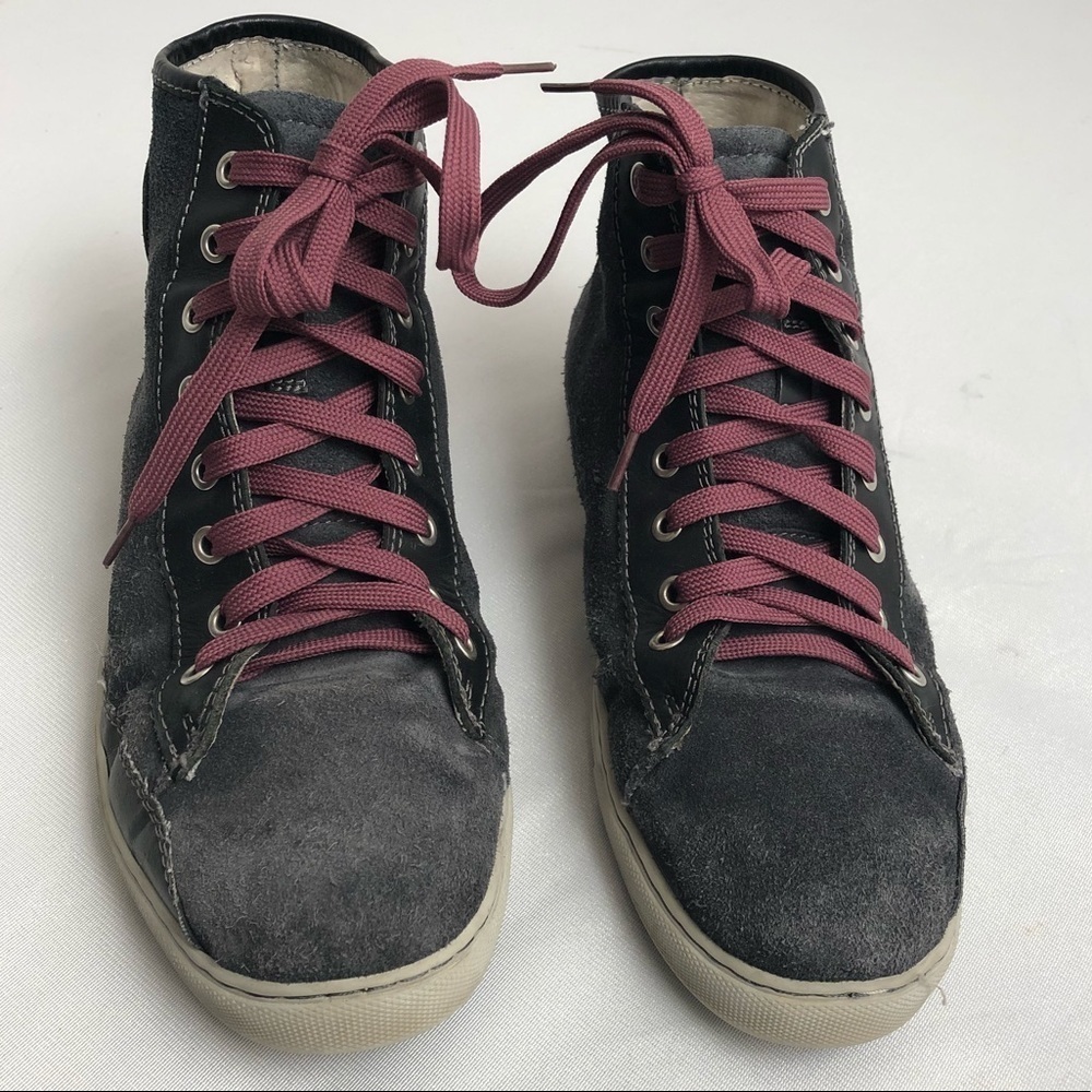 I-N-C distressed gray high top sneakers with purple laces